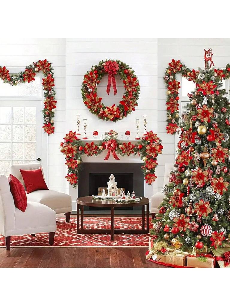 6PCS Gold Powder Christmas Flower Simulation Flower Christmas Tree Pendant Decoration Flower Wreath Accessories