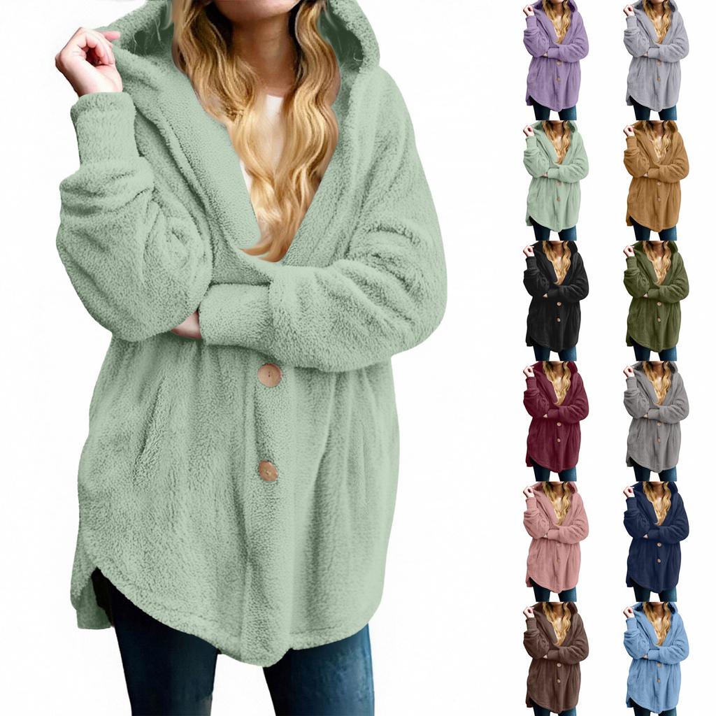 Women's Fashion Solid Color Pocket Button Hooded Plush Coat