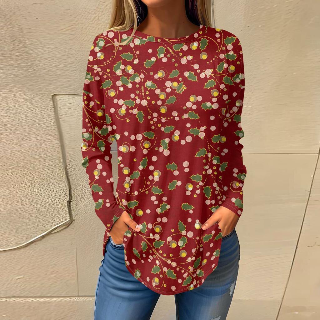 Футболки для женщин, осенние повседневные рубашки с длинным рукавом, толстовки с винтажным графическим принтом, топы, пуловеры, рождественские
