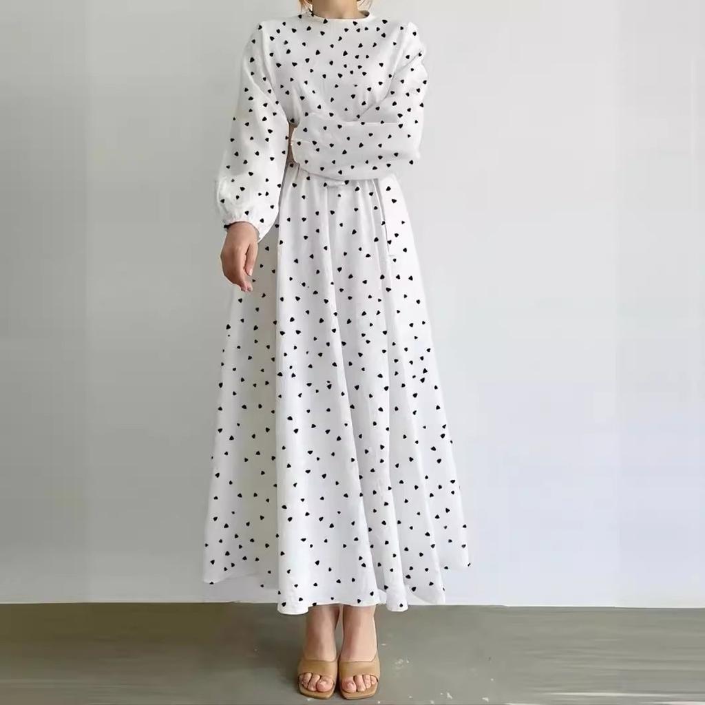 Casual Loose Waist Long Sleeve Round Neck Heart Shaped Print Dress