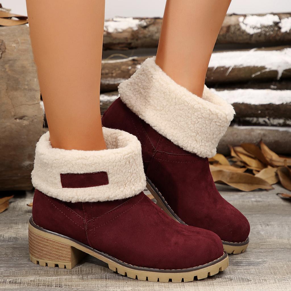 Fashion Women Fur Snow Boots Suede Mid Heels Shoes Chunky 2024 Warm Winter Walking Short Plush Boots New Pumps