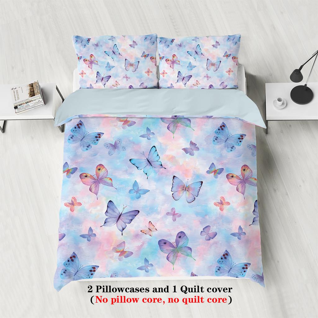 3pcs watercolor purple butterfly printed bedding set, soft and comfortable, for women bedroom, queen, king and twin bed