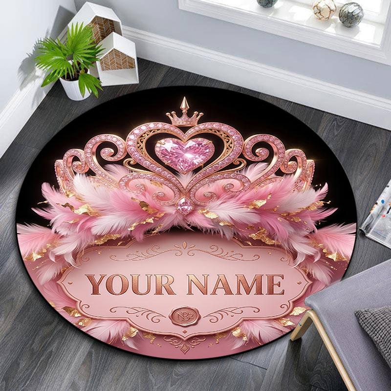 Custom Name,Elegant Crown Feather Series pattern round rug,Carpet Rug for Living Room Bedroom Playroom ,Non-slip Floor Mat,Holiday Gifts and Birthday