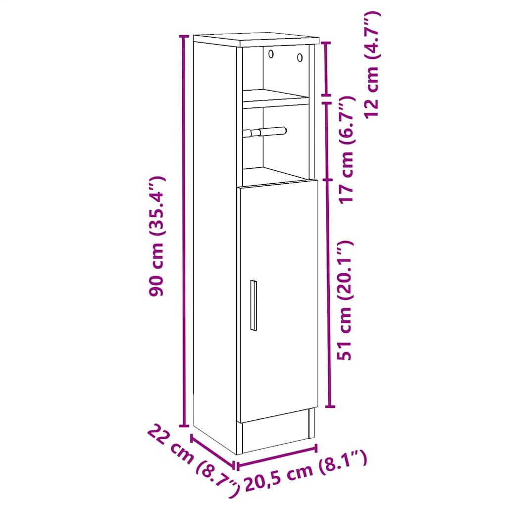 Bathroom Cabinet with Toilet Paper Holder Artisan Oak Finish 20.5 x 22 x 90 cm