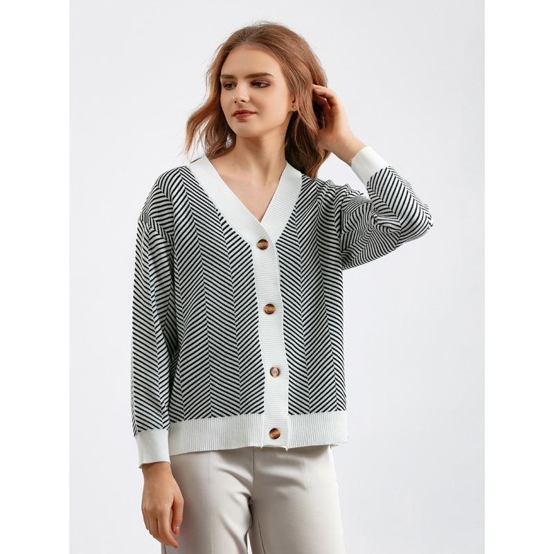 Autumn Women's Cardigan Sweater Women V-Neck Color Collision Loose Striped Sweater Jacket Long Sleeve Top