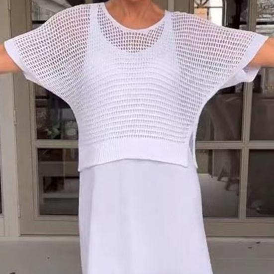 Женский комплект из 2 шт./компл., вязаный топ с коротким рукавом и круглым вырезом, топ с V-образным вырезом