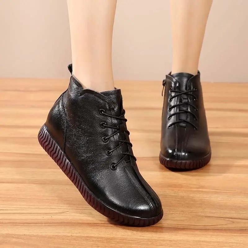 Ботильоны на плоской подошве со шнуровкой для женщин, высокие кожаные туфли, короткие плюшевые ботинки, женская осенняя обувь, женские демисезонные ботинки