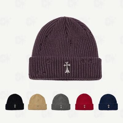 Осенне-зимняя уличная мода, шапка бини из состаренного трикотажа для мужчин и женщин, универсальная ретро шерстяная шапка с металлическим крестом, шапка бини для пары