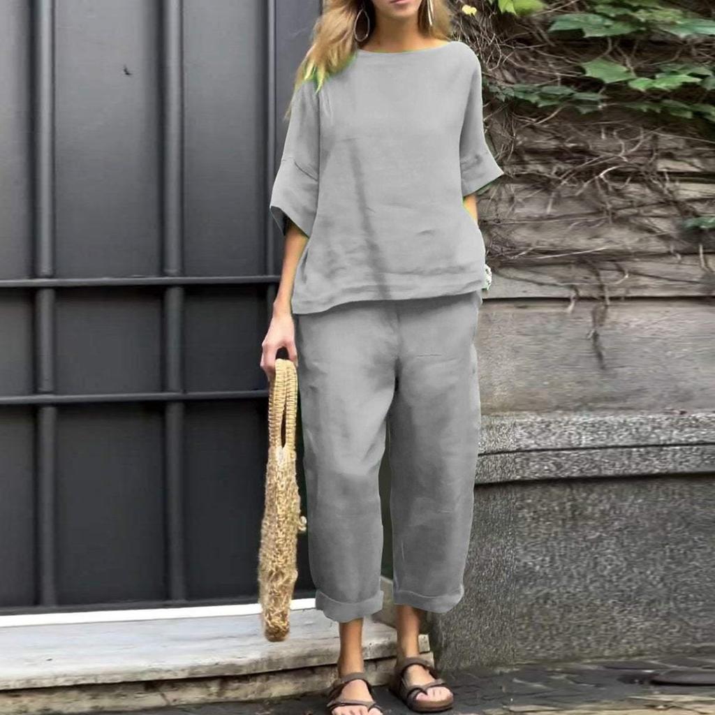Женский однотонный повседневный хлопковый льняной комплект с рукавами 3/4 и круглым вырезом, топ и брюки