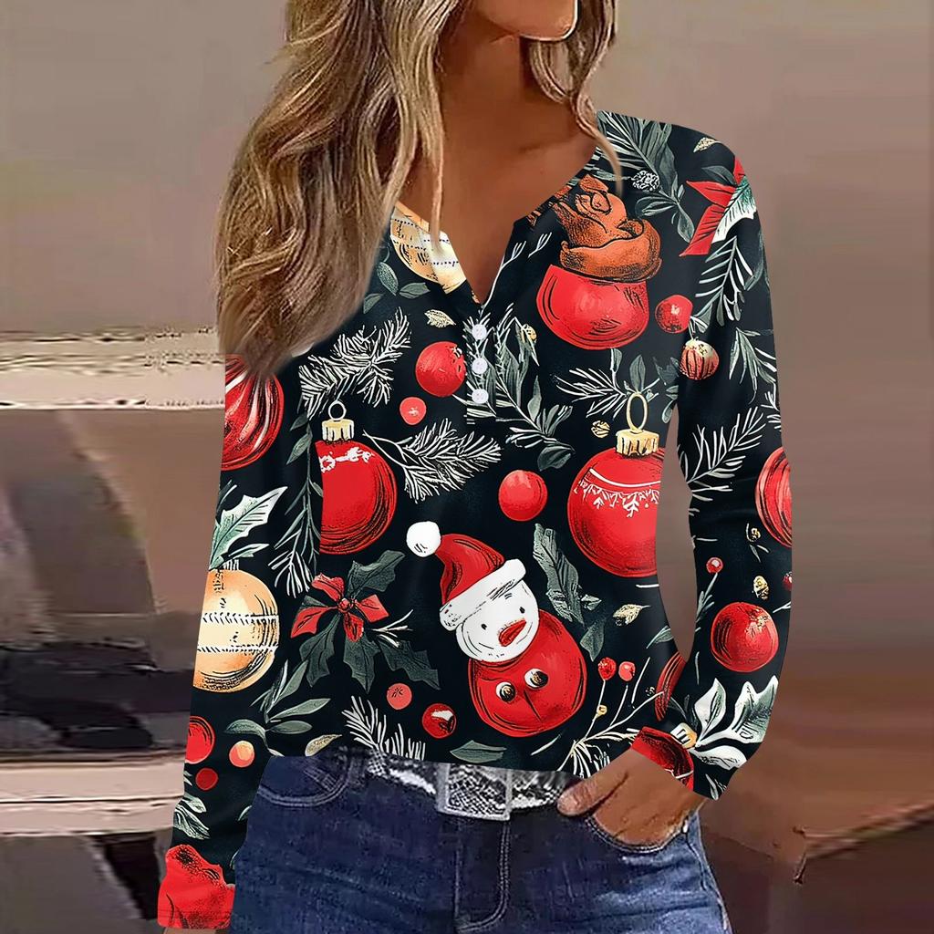Женская футболка с рождественским принтом на пуговицах с длинным рукавом, повседневная, выходного дня, модная, базовая, с V-образным вырезом, обычная