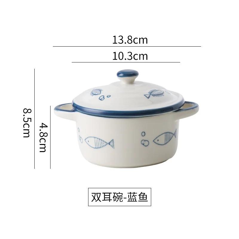 Multifunctional Kitchen Ceramic Bowl with Lid Exquisite Double-eared Noodle Ramen Salad Steamed Bowls High Appearance Tableware