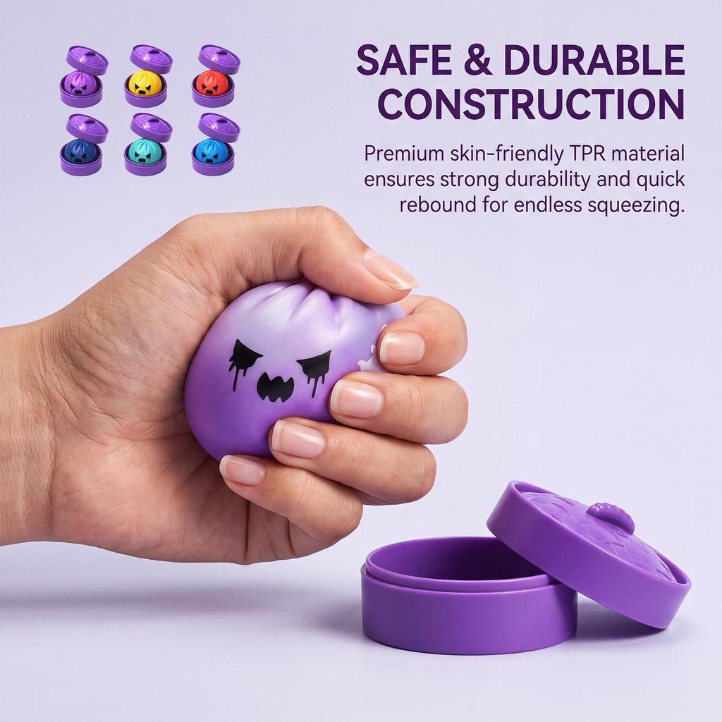 Halloween Purple Steamed Bun Squishy Toy Slow Rising Soft Rubber Squeeze Fidget Toy with Mini Steamer Stress Relief Desk Decor Party Gift