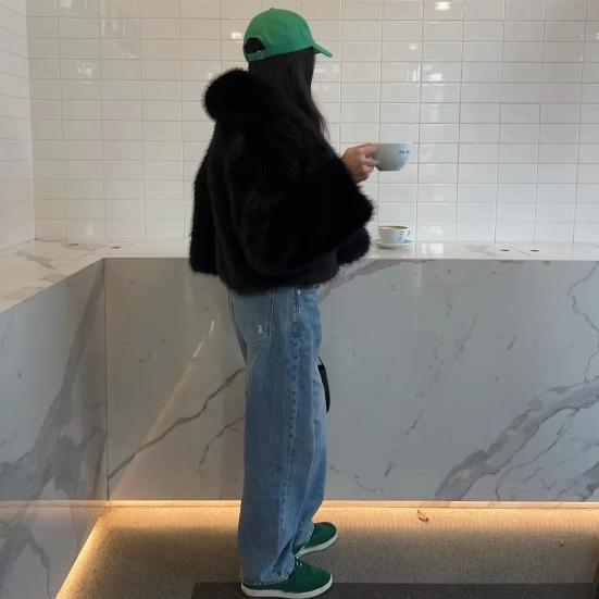 Осень-зима Женский кардиган Пальто Искусственный мех Утолщенный плюш Отложной воротник Чистый цвет Длинные рукава Однотонный кардиган Куртка