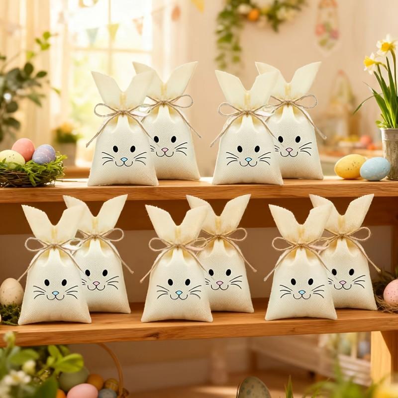18PCS Easter Bunny Candy Gift Bags | Reusable Burlap Rabbit Bags with Twine, Perfect for Easter, Birthday