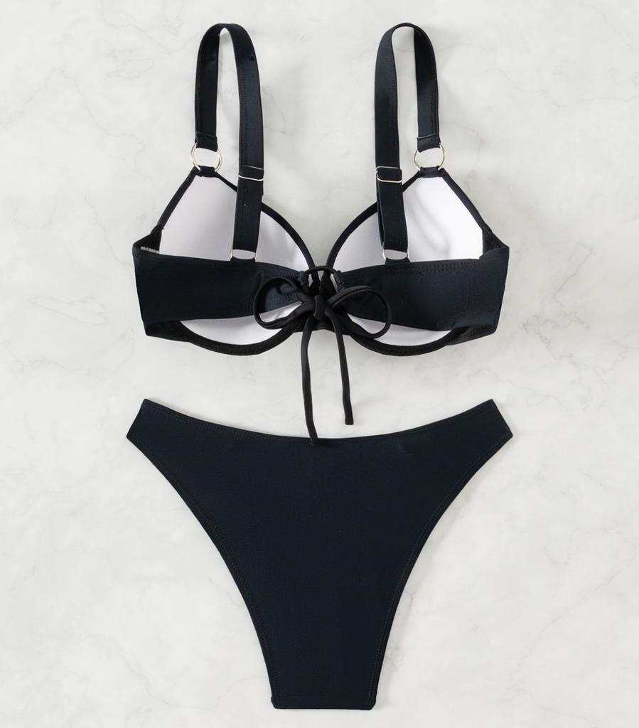 Женский купальник сексуальный черный с жесткой спинкой, широкими бретелями, завязками сзади, высокой талией, бикини, раздельный комплект, пляжная одежда, купальные костюмы