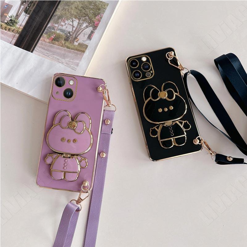 Зеркальный чехол с ремешком через плечо с кроликом для iPhone 14 11 12 13 Pro Max Mini 14pro 13mini 8 7 6 6S Plus X Xr Xs Max SE