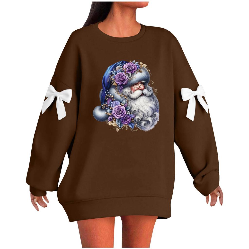 Ladies' Christmas Printed Bow Round Neck Long Sleeved Loose Pullover Sweater Sweatshirt Top