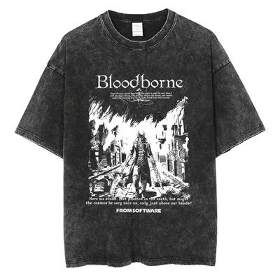 Стирка Винтаж Игра Bloodborne Хоррор Охотник Страх Старая Кровь Футболка Унисекс Женская Повседневная Оверсайз Футболка Унисекс Ретро Уличная Одежда