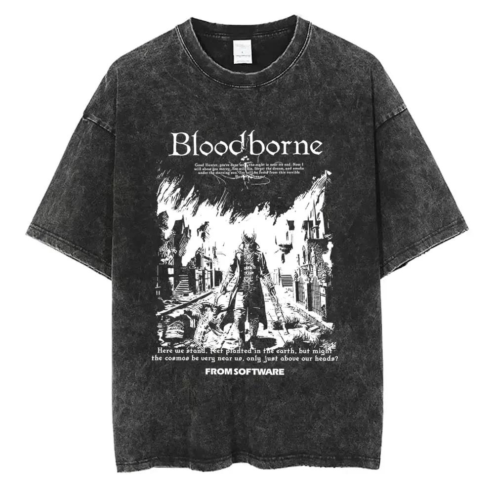 Стирка Винтаж Игра Bloodborne Хоррор Охотник Страх Старая Кровь Футболка Мужская Женская Повседневная Оверсайз Футболка Мужская Ретро