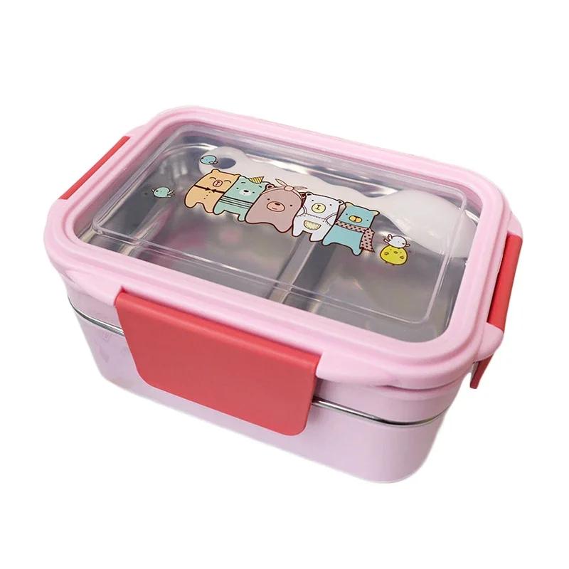 Portable Stainless Steel Double Layer Food Container for Kids Cartoon Lunch Box for Kids Picnic School Bento Box