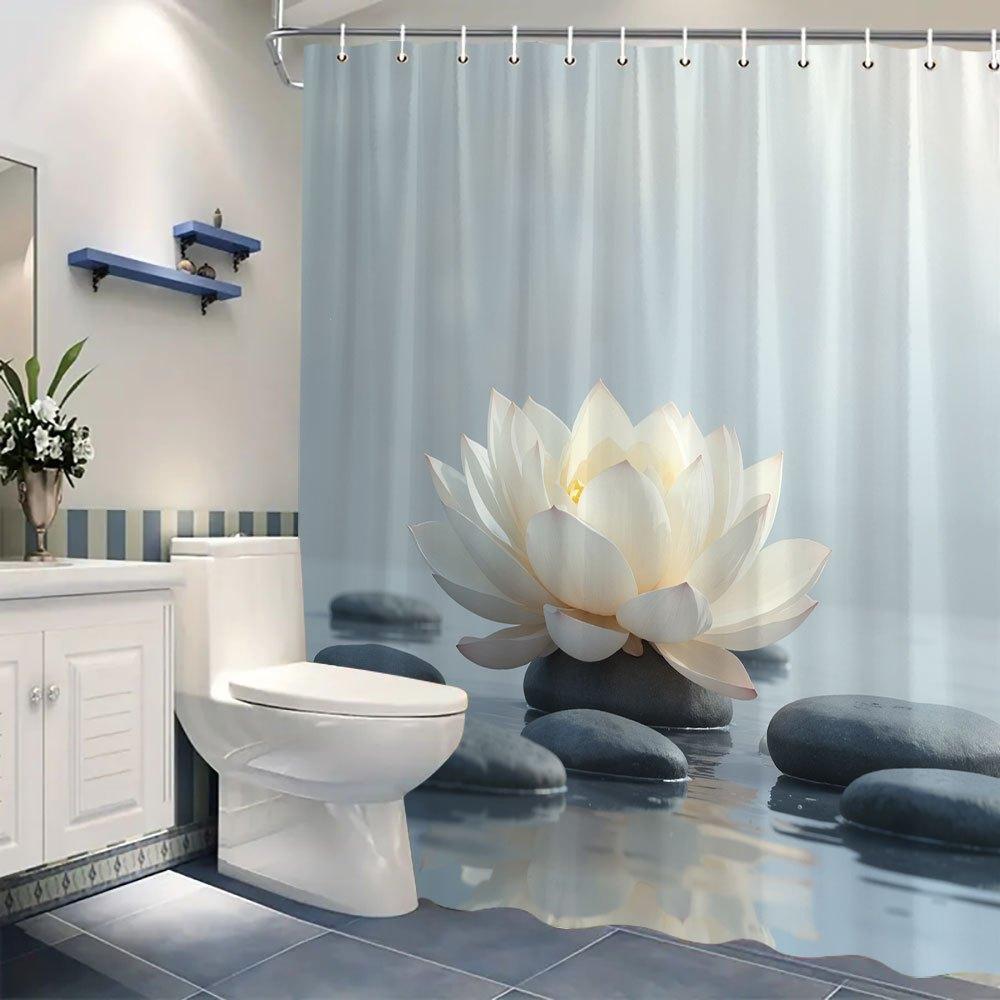 White Lotus & Gray Stones Shower Curtain - Zen Composition, Polyester, Machine Washable, Woven Bathroom Decor