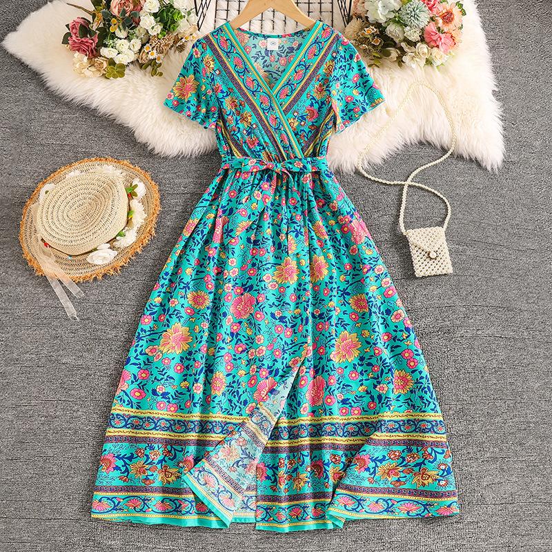 Girls' Fashion Dress 2025 Summer Children's Printed V-neck Loose Short Sleeve Waist Dress