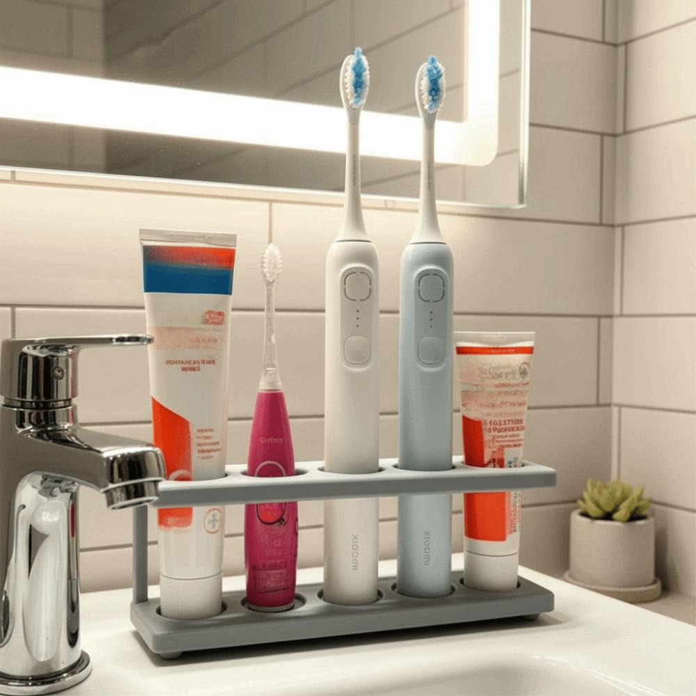 Multi-Slot Design Toothbrush Holder No Drilling Toothpaste Holder Bathroom Countertop