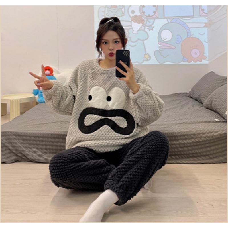 Фланелевая пижама Зимняя парная Теплая Пуловер Женская Теплая Коралловый флис Студенческая Повседневная Утолщенная Милая Домашняя одежда