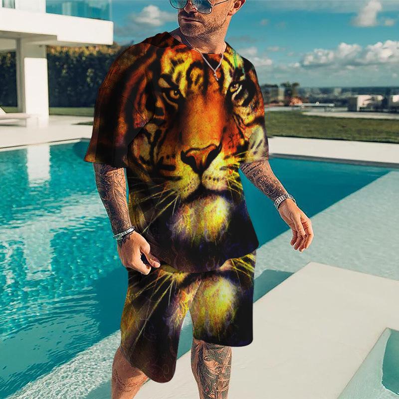 Мужские комплекты футболок, спортивный костюм с 3D принтом животного тигра, футболки, шорты, комплект из 2 предметов, уличная одежда, мужские костюмы больших размеров, спортивная одежда