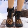 Shoes for Women 2024 Fashion Lace Up Women Ankle Boots Winter Round Toe Sexy Leopard Print Short Barrel Chunky Heel Cotton Boots