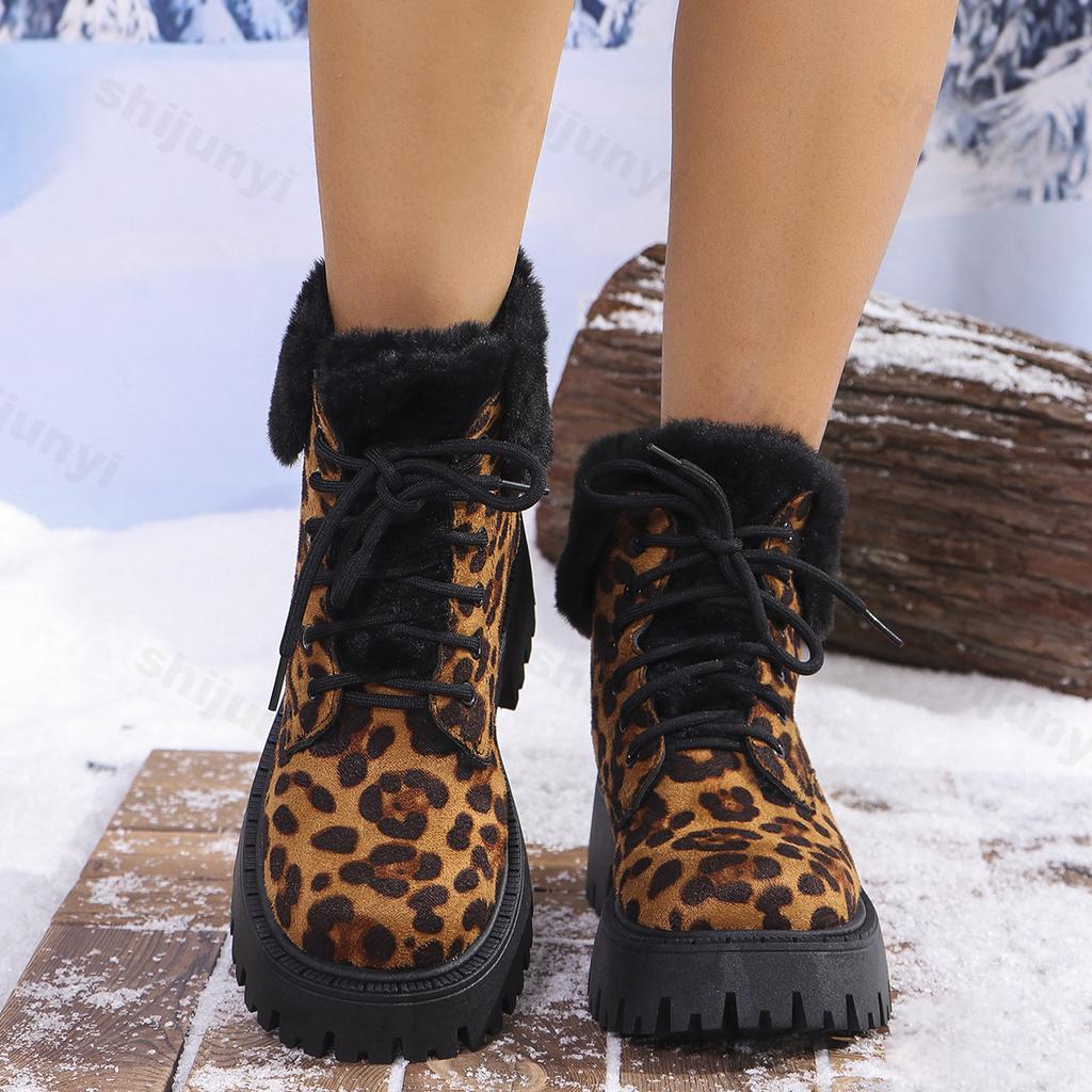 Shoes for Women 2024 Fashion Lace Up Women Ankle Boots Winter Round Toe Sexy Leopard Print Short Barrel Chunky Heel Cotton Boots