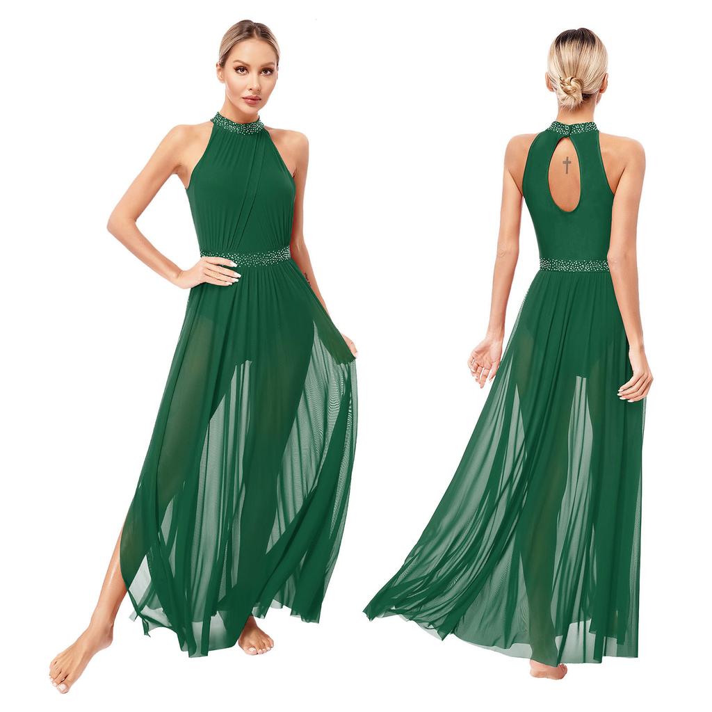 Women's Sleeveless Mesh Side Split Lyrical Dance Costume Modern Dancewear Maxi Long Dress