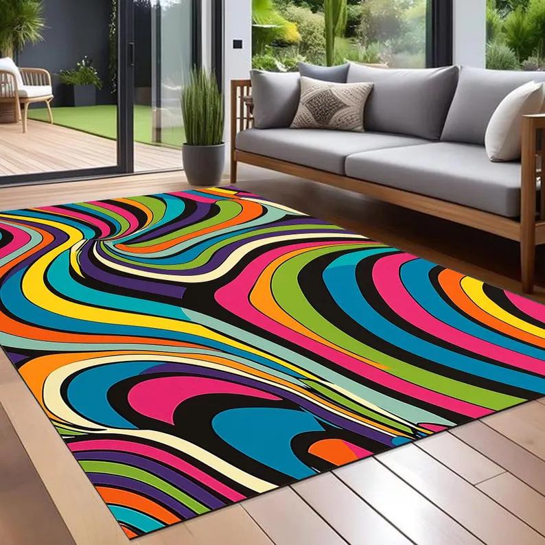 70s Retro Burnt Orange Carpet Earthy Brown and Cream Geometric Mid Century Modern Indoor Outdoor Patio and Porch Decor Area Rug