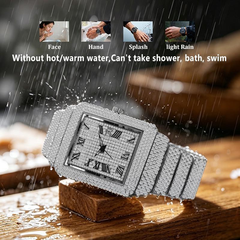 Женские квадратные часы с бриллиантами Bling Iced Out Кварцевые наручные часы с римскими цифрами Водонепроницаемые Модные часы для мужчин