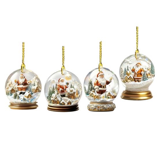 4Pcs Christmas Santa Glass Ball Ornament Winter Holiday Party Xmas Tree Hanging 2D Acrylic Santa Claus Snow House Ball Decoration