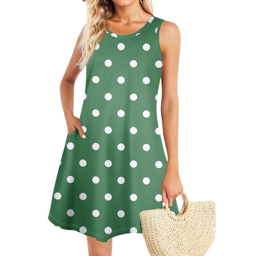 Summer Dresses For Women Beach Boho Sleeveless Vintage Printing Flowy Pocket Tshirt Tank Sundresses