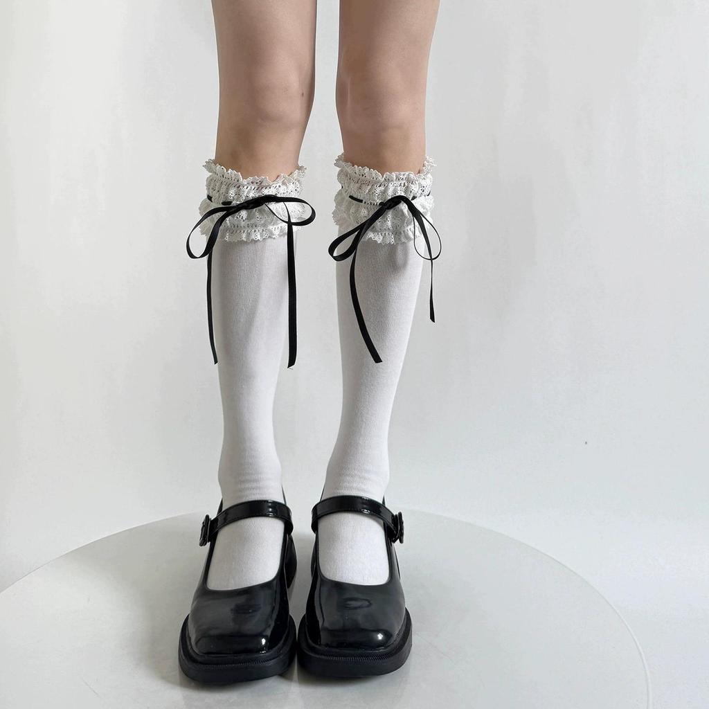 Pure Cotton Lolita Wide Lace Ribbon Bow Socks - Spring Mid-Calf Sweet Desire Style