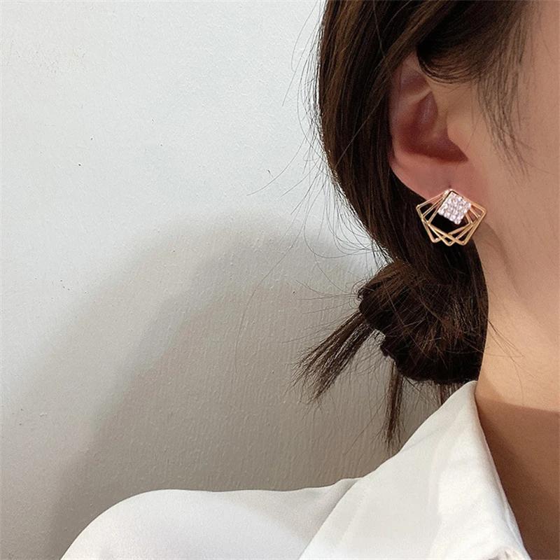 Crystal Inlay Three Layers Square Stud Earrings for Women Korean Hollow Geometric Jewelry Simple Earing