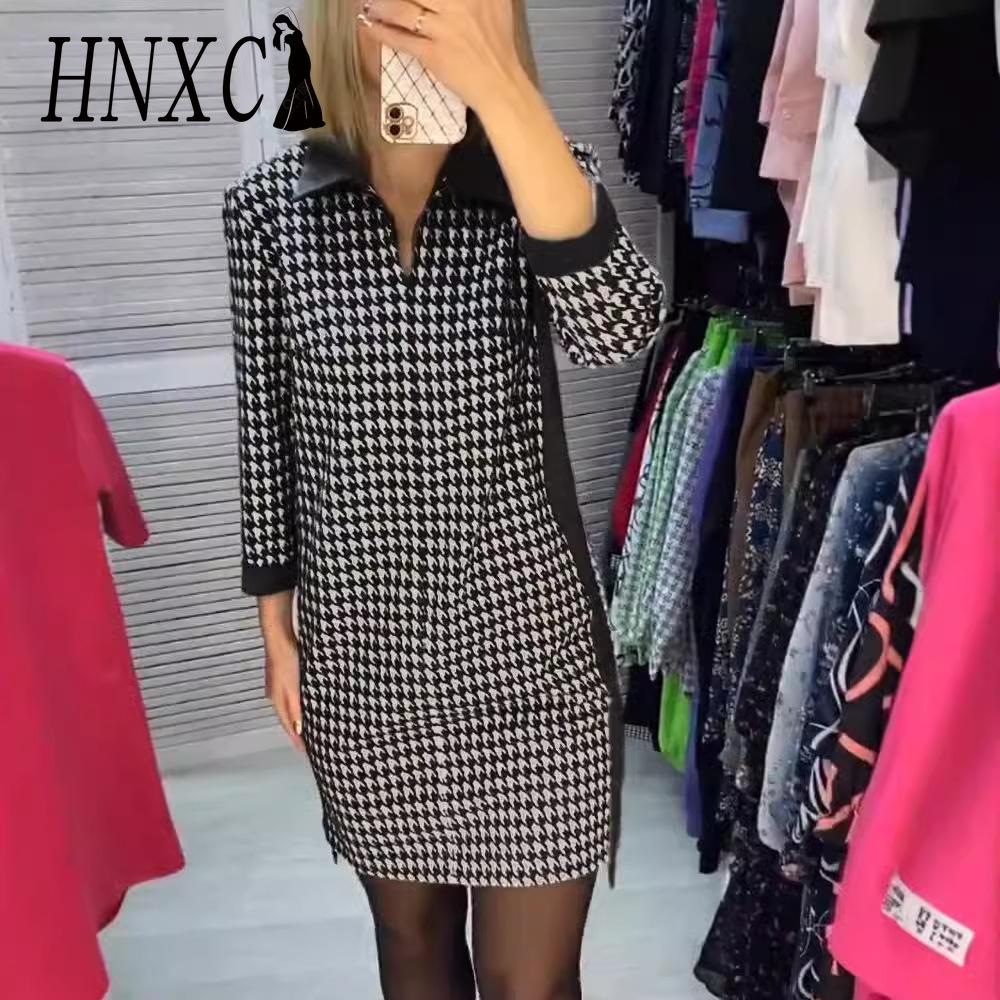 HNXC Женская мода осень-зима с длинным рукавом и воротником-поло повседневные платья