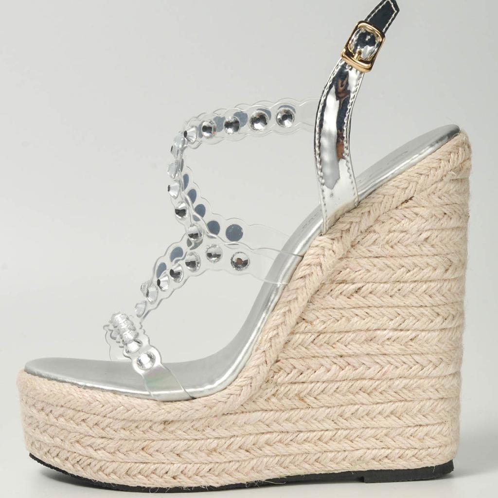 Женская обувь, тканые повседневные элегантные соломенные босоножки на танкетке со стразами, серия 10363, каблук 15 см, платформа 5 см, LFD