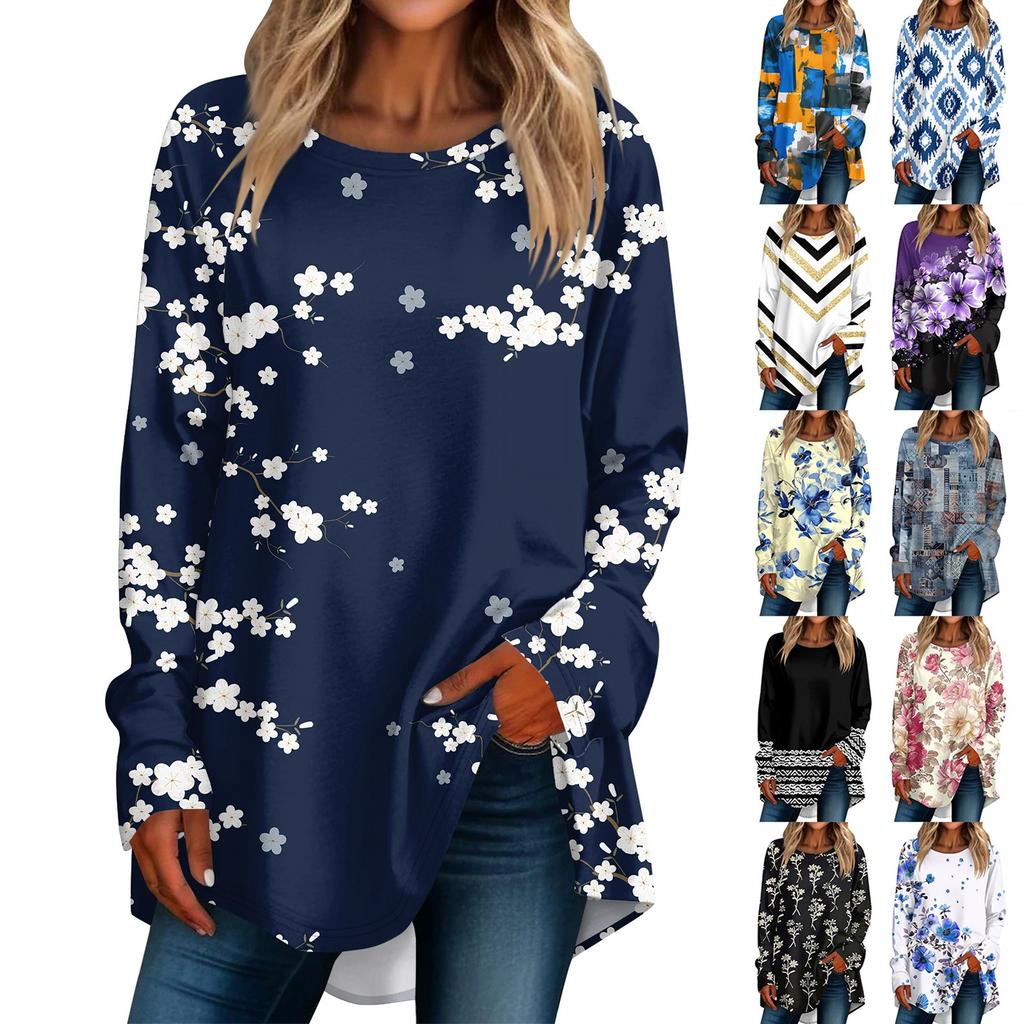 Women's Casual  Plus Size Long Sleeved Round Neck Printed T-shirt Top Pullover