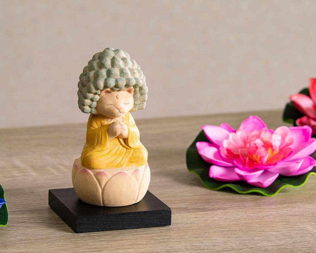 Cat Buddha Five Kalpa Contemplation Amida Original Sculptor and Butsuya Sakai Wooden Carving Buddha Statue Lucky Feng Shui Ornament Buddha,