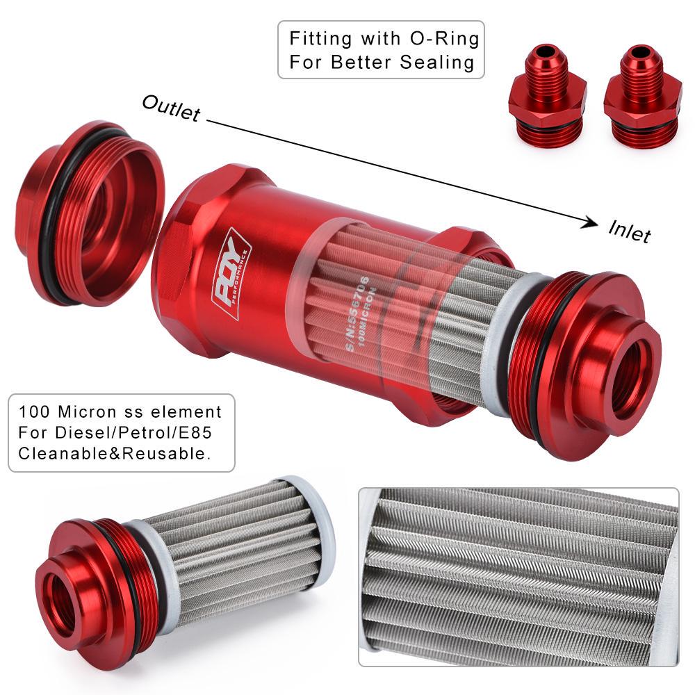 PQY BLACK AN6 / AN8 / AN10 Inline Fuel Filter E85 Ethanol With 100 Micron Stainless Steel Element and PQY Sticker