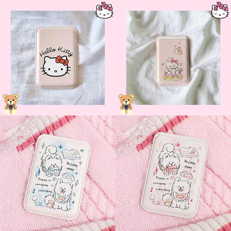 Милый магнитный кошелек из кожи Hello Kitty для Magsafe, держатель для карт для iPhone 16 15 14 13 Pro Max, карман-чехол для банковской карты, удостоверения личности