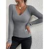 Women Solid Rib Knit V Neck Stripe Pull Sweater Femme Long Sleeve Pullover Jersey Tops Fashion Clothes