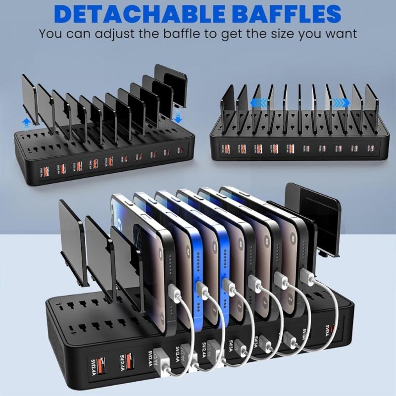 Умные настольные зарядные устройства с европейской вилкой, 10 портов (5 USB, 5 Type-C), материал ABS, для упорядоченной зарядки нескольких устройств