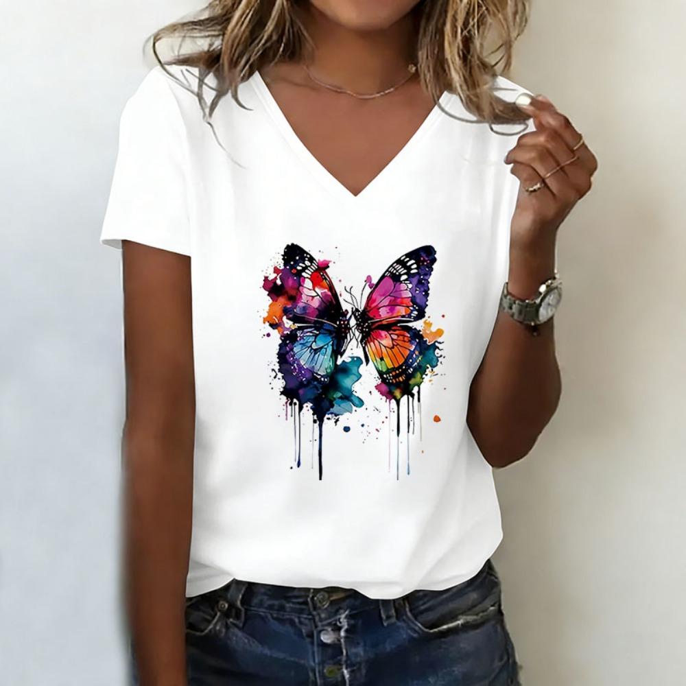 Summer T-shirt V Neck Casual Fashion Y2k Butterfly Aesthetic Printed T Shirts Women Short Sleeve Tee Shirt V-Neck Female