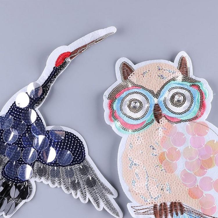 Owl Animal Design Custom Sequin Patch Cloth Stickers Decorative Iron-on Embroidery Patches for Clothing