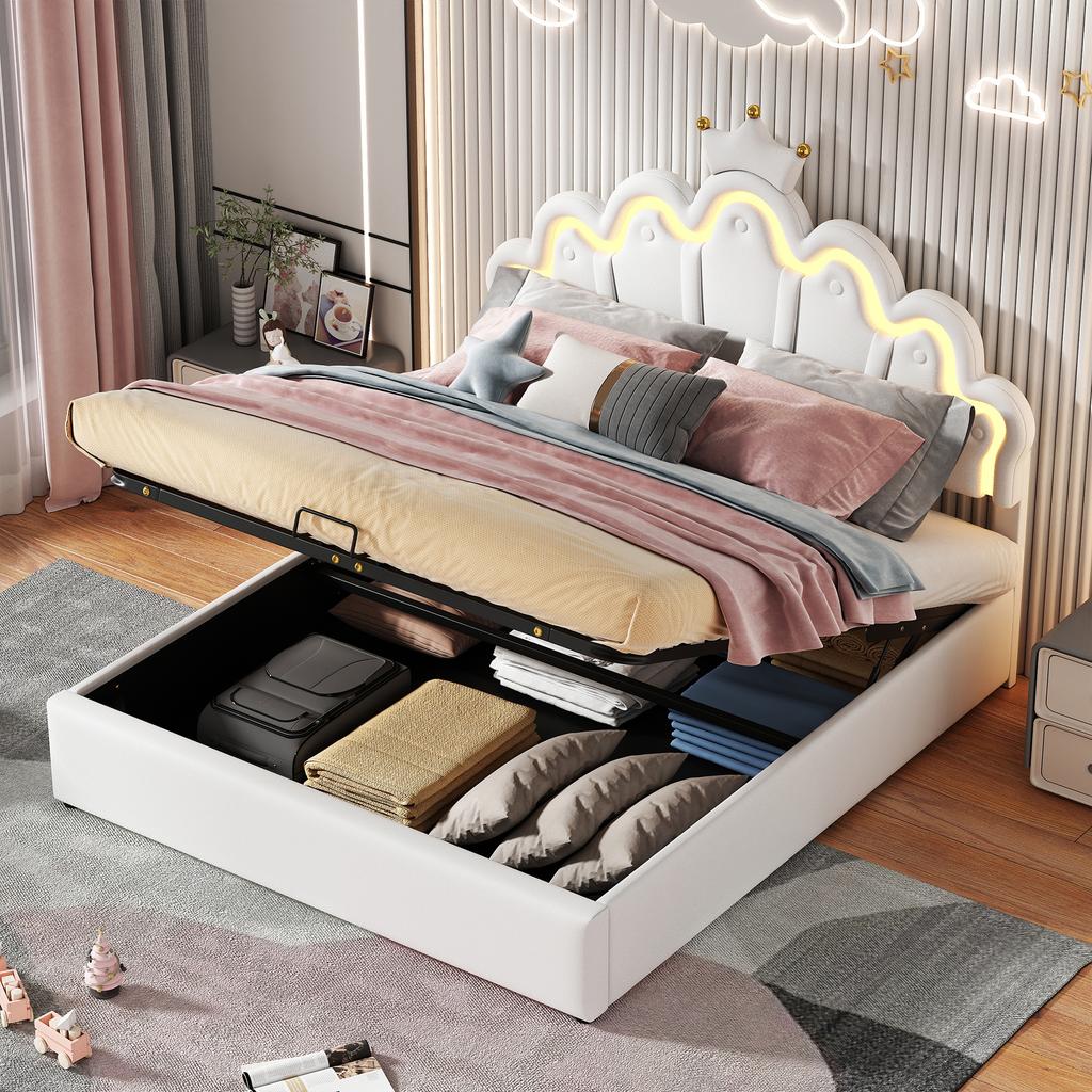 140*200cm Flat Bed, Upholstered Bed, Princess Bed, Adjustable Ambient Lighting, Crown Strip, White