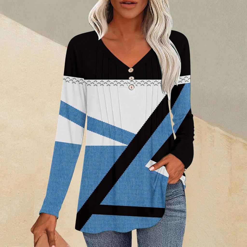 Fashion Tops Casual Pleated V-Neck Line Printed Long Sleeve T-Shirt